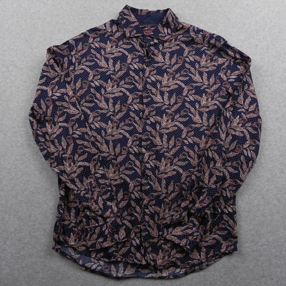 Consequence Button Up Shirt Mens Medium Navy Tan Feather Floral Geo Long Sleeve‎